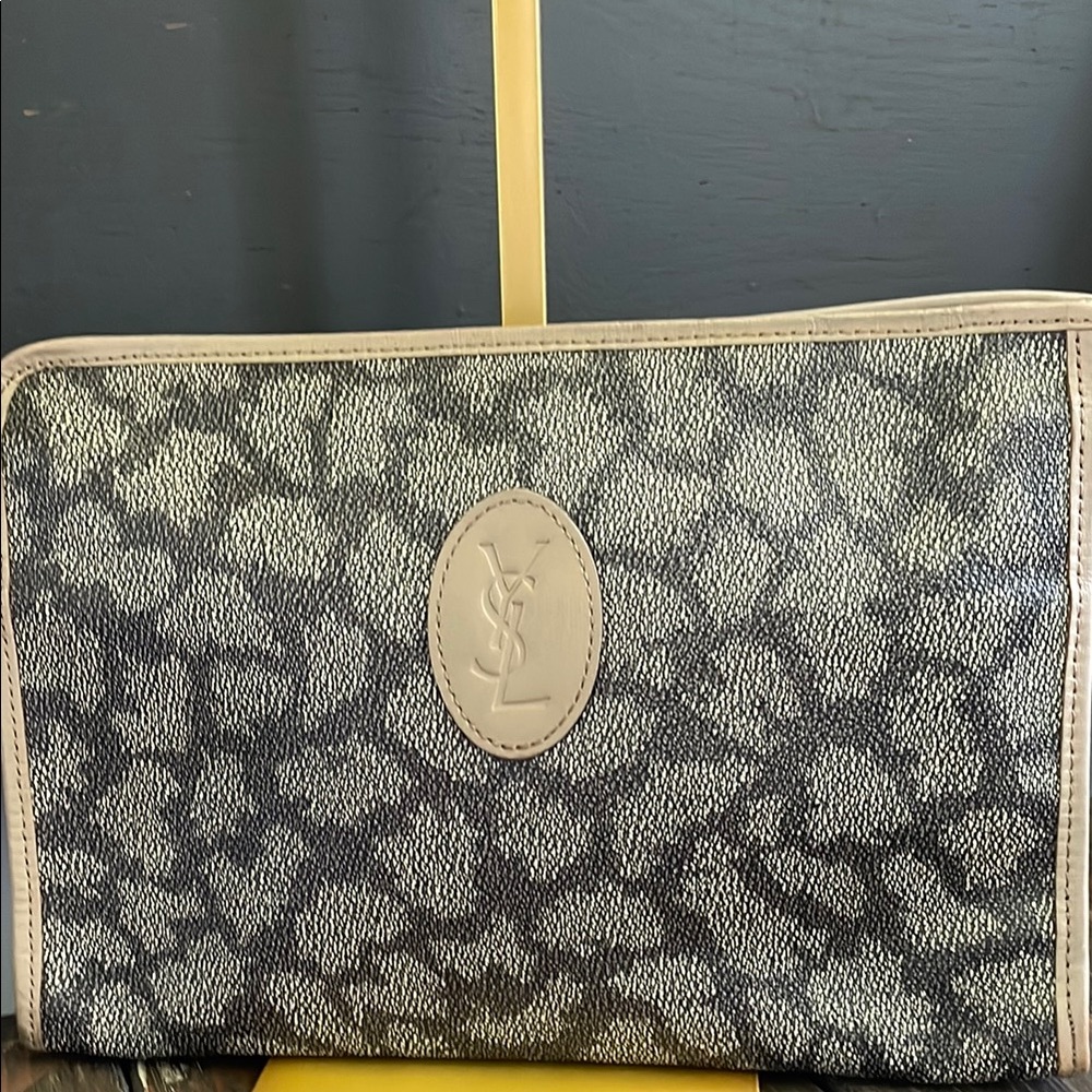 YSL Logo Canvas Zip Pouch in Beige and Black